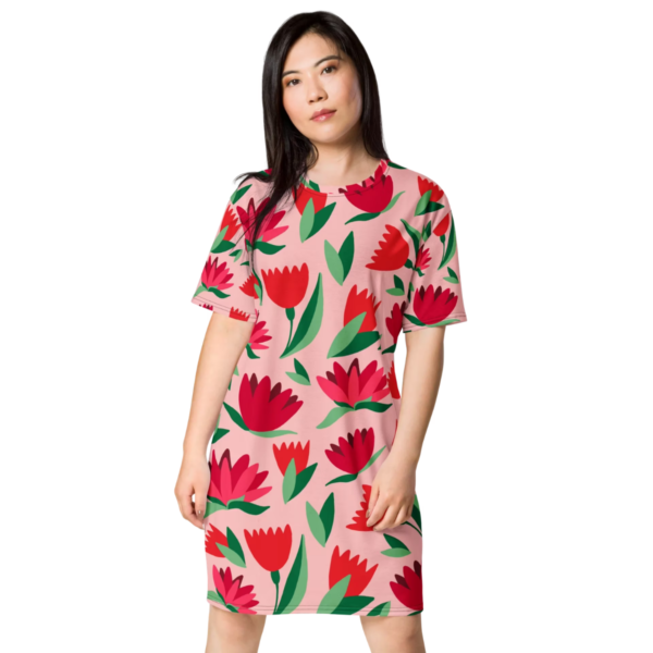 Women's Pink Tulip Floral Print T-Shirt Dress – Casual Short Sleeve Crew Neck Tee