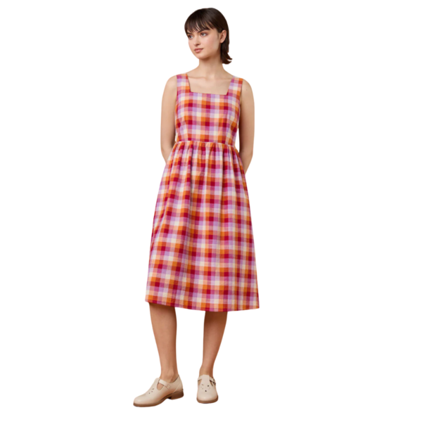 Womens-Pink-and-Orange-Plaid-Square-Neck-Sleeveless-Midi-Dress-2.png